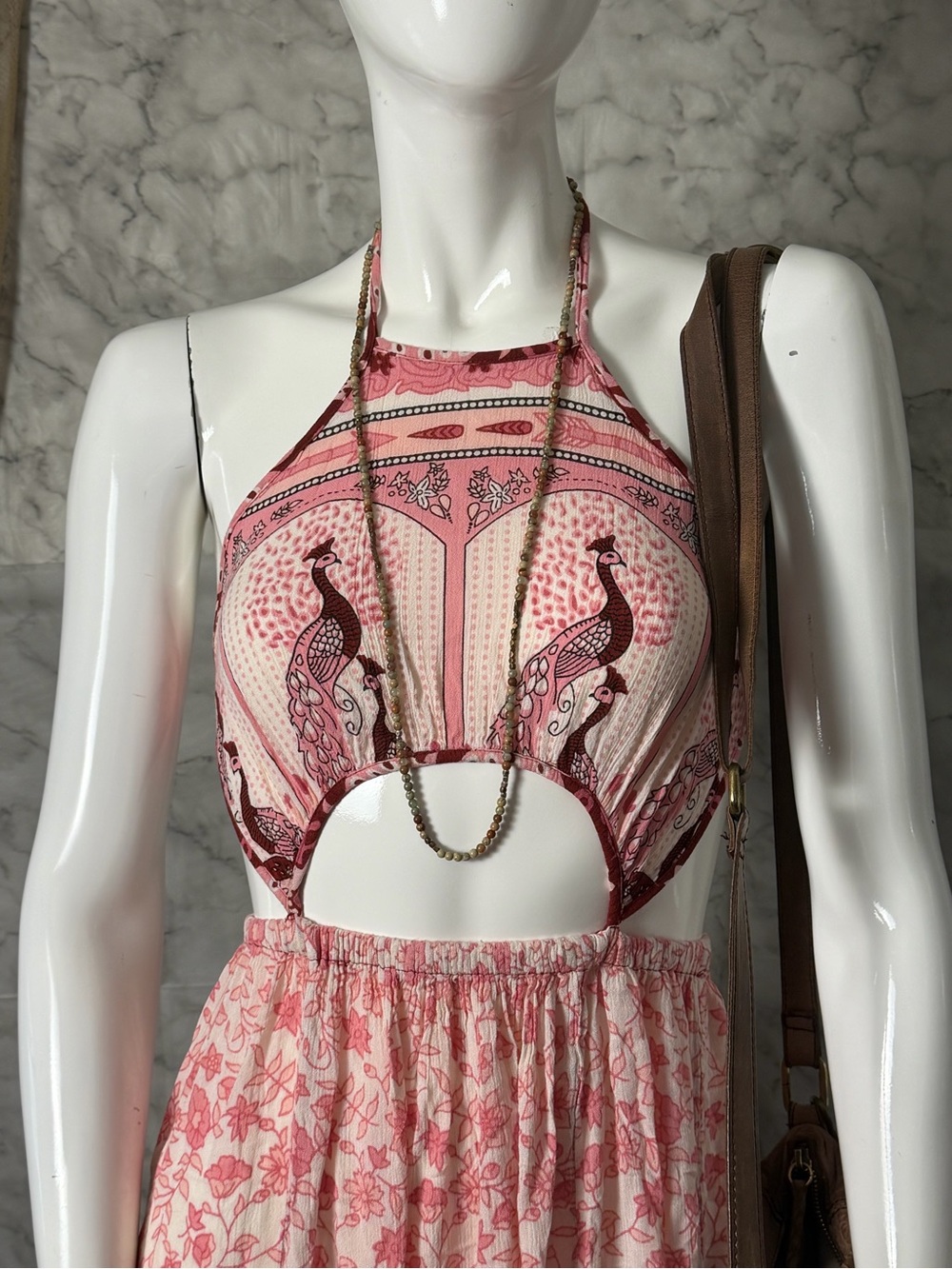 Cutout Peacock Halter Tie Neck Back Peachy Pink Burgundy Boho Vacation Dress S - Picture 2 of 13